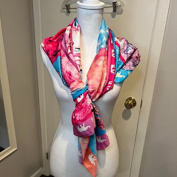 Chico's Pink & Blue Patchwork-Print Oversized Square Scarf 42" x 42" - Picture 5 of 11